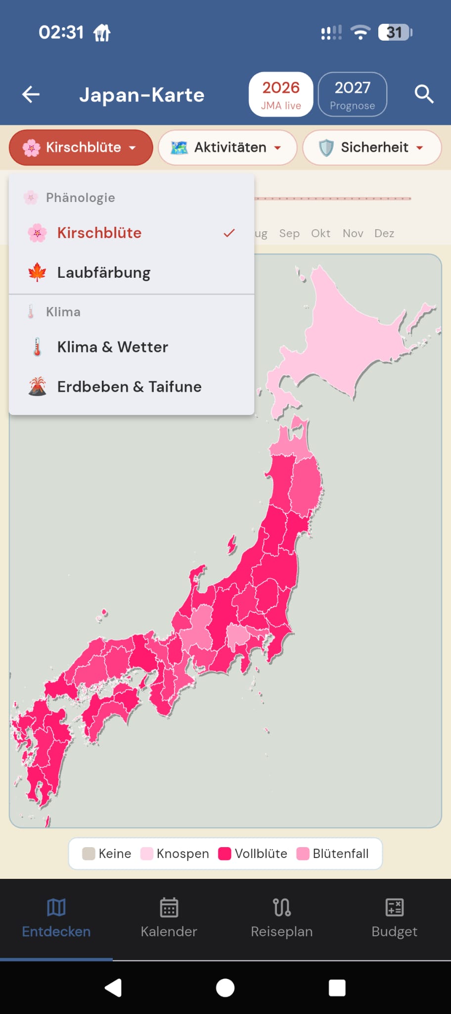 Japan-Karte mit Kirschblüten-Layer und Dropdown für Phänologie und Klima-Ebenen