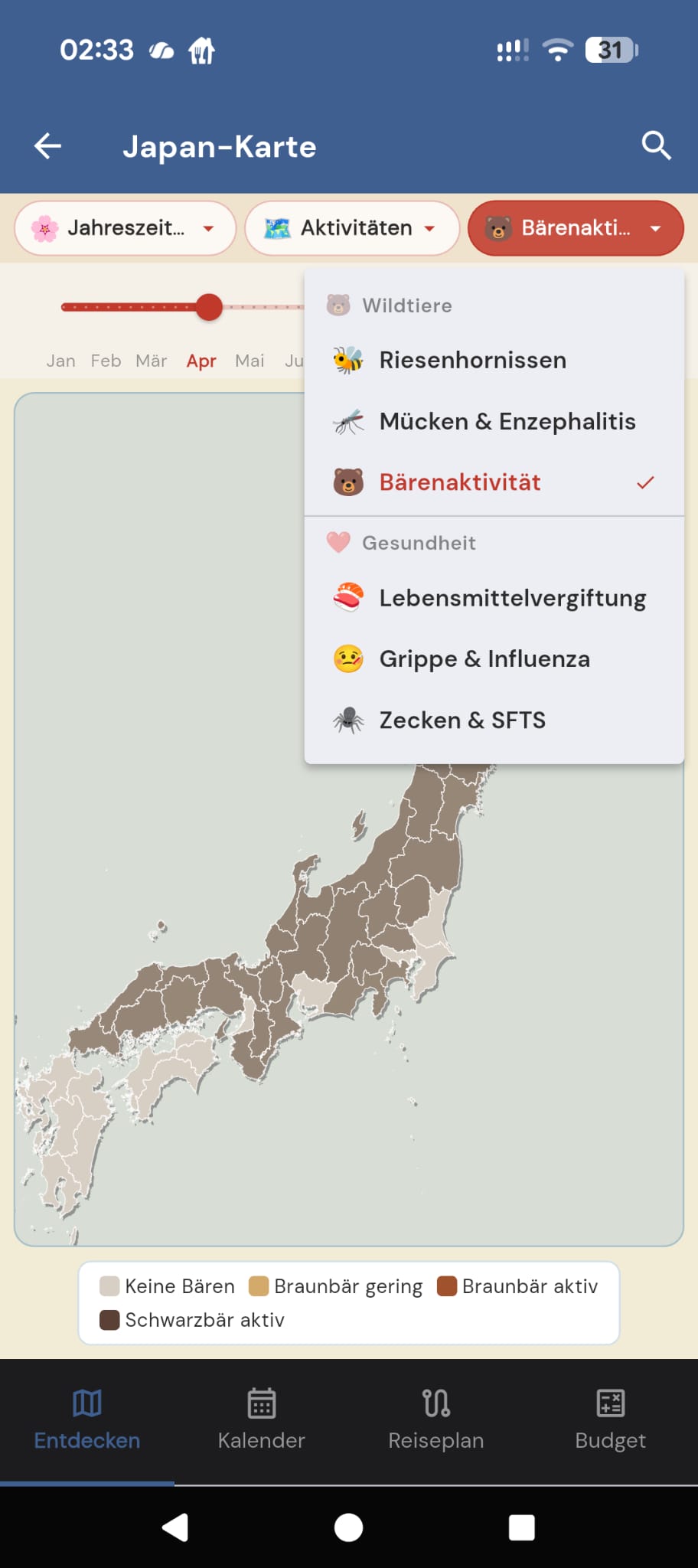 Japan-Karte mit Bärenaktivität-Layer und Wildtiere- und Gesundheits-Kategorien