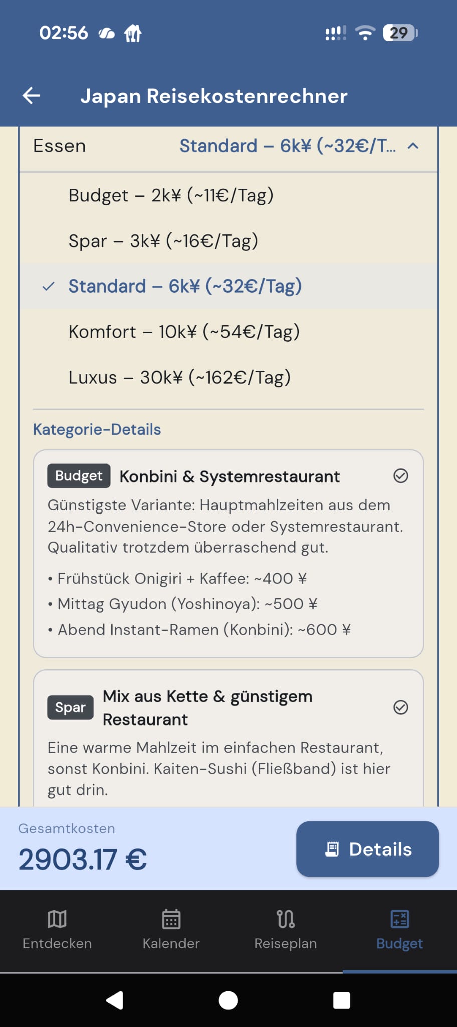 Budget-Stufen für Essen von Budget bis Luxus mit Erklärungen und Beispielpreisen