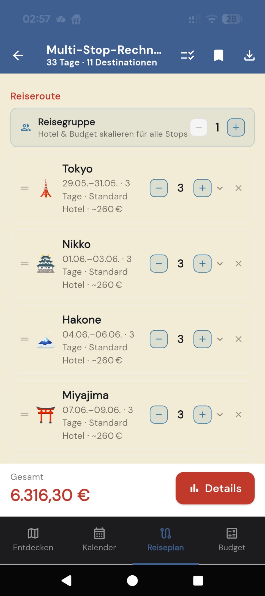 Multi-Stop-Rechner mit 11 Destinationen wie Tokyo, Nikko, Hakone und Miyajima