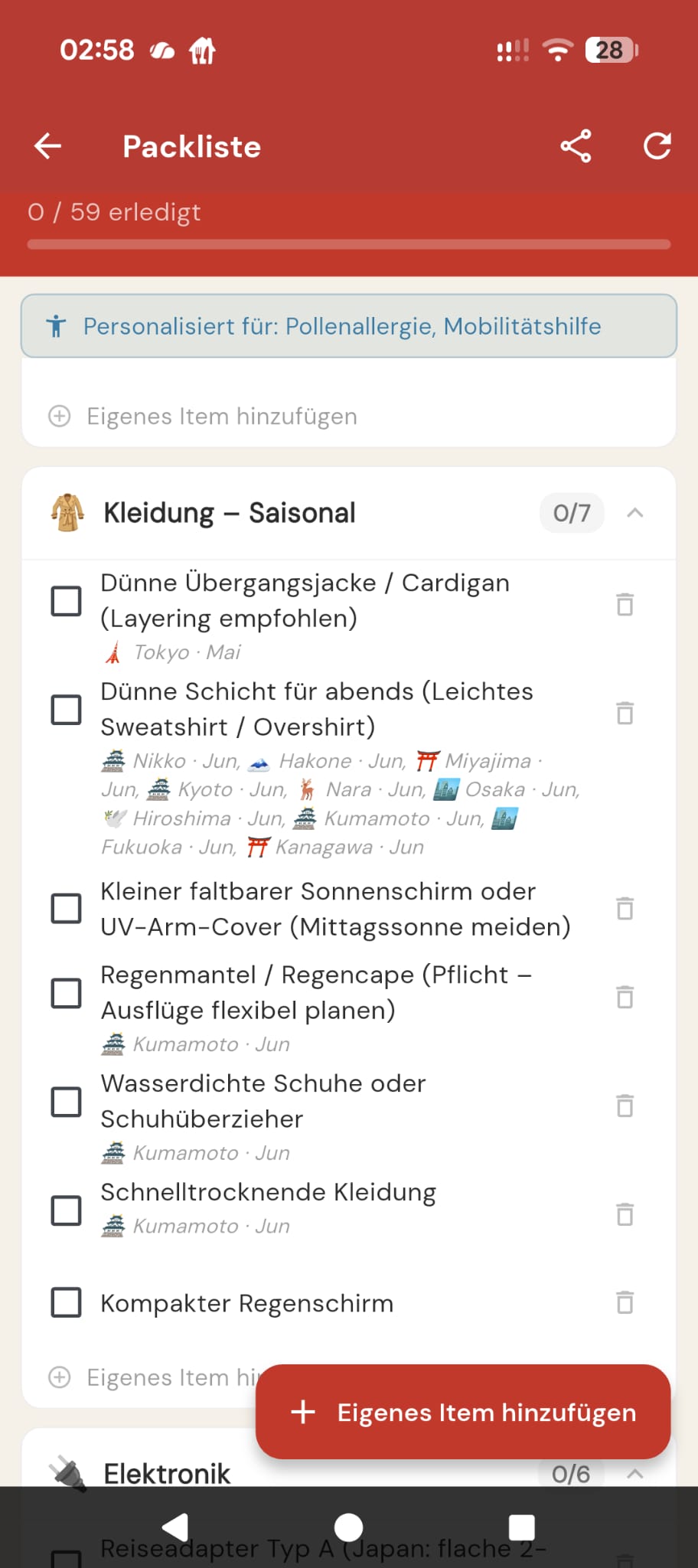 Personalisierte Packliste mit saisonaler Kleidung für Pollenallergie und Mobilitätshilfe