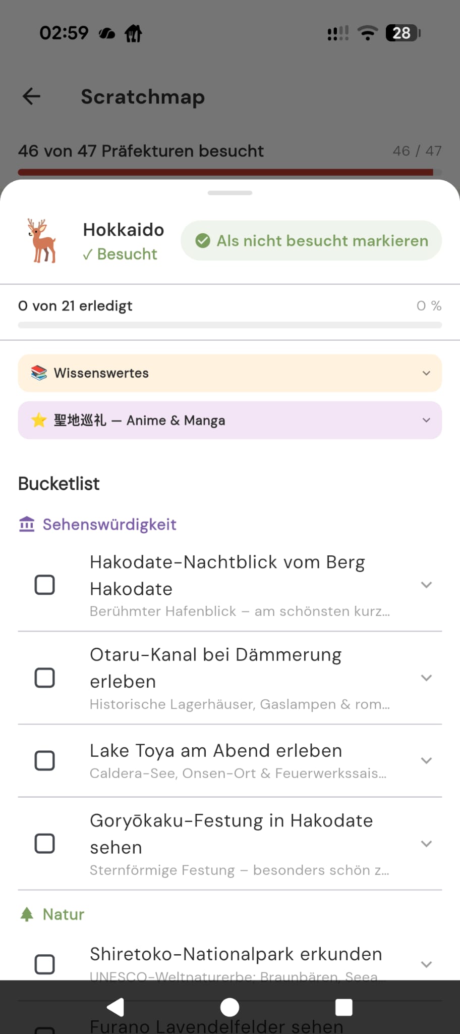 Scratchmap mit 46 von 47 besuchten Präfekturen und Hokkaido Bucketlist
