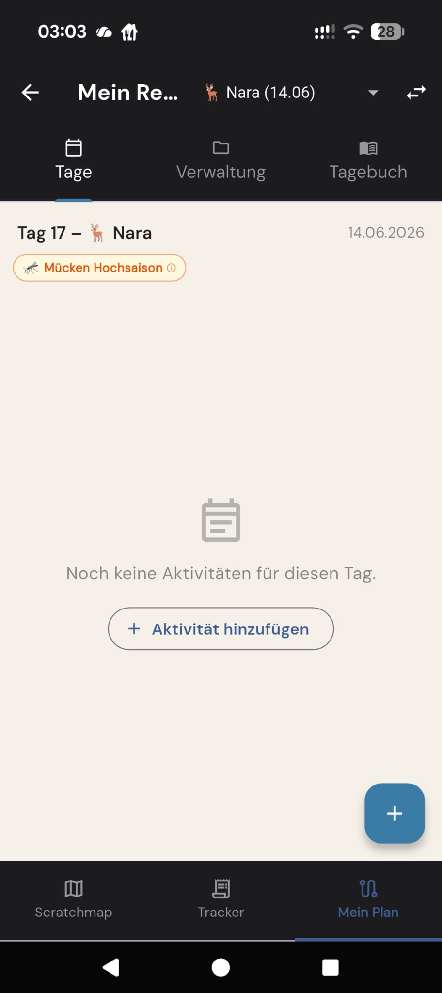 Mein Reiseplan für Tag 17 in Nara im Dark Mode mit Saison-Warnung Mücken Hochsaison